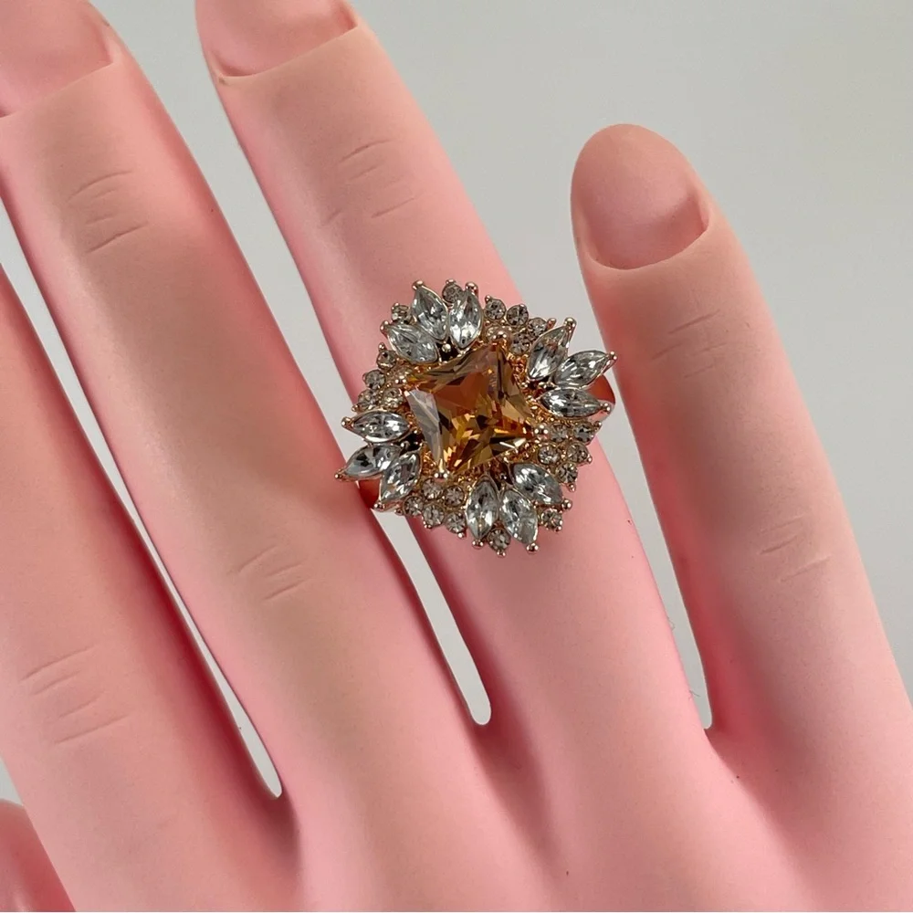 Ring Art Deco Champagne Diamond CZ Princess Cut Halo Gold Tone Plated Boho